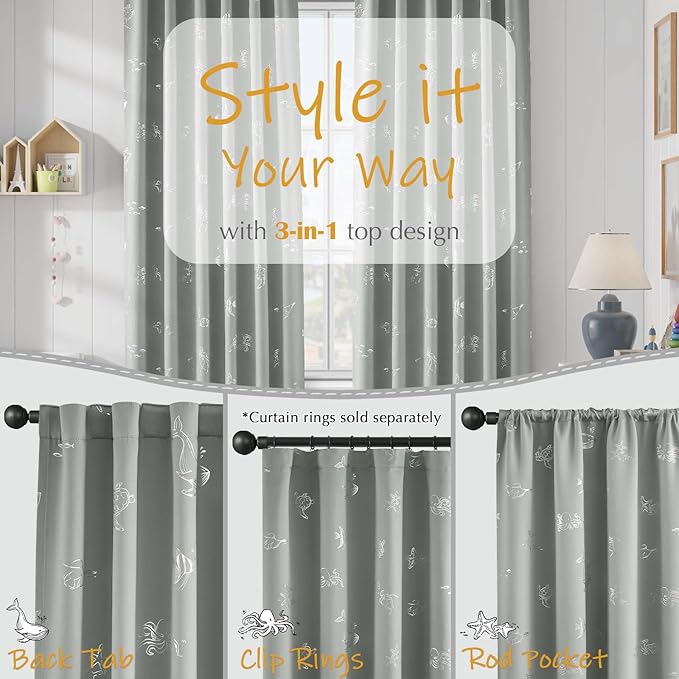 Vangao Kids Curtains for Boys Bedroom Kids Blackout Curtains 63 Inch Length Ocean Aquarium Nursery Drapes for Girls Bedroom Silver Sea Animals Print Thermal Insulated Drapes, Grey 2 Panels