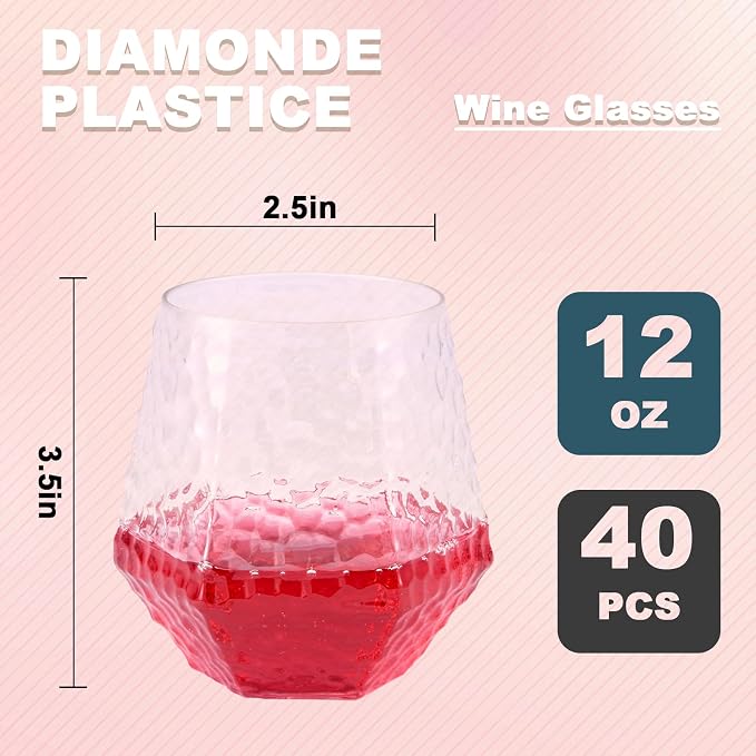 Goodluck 40PCS 12oz Clear Plastic Wine Glass Diamond Stemless Hammered Cups | - Image 3