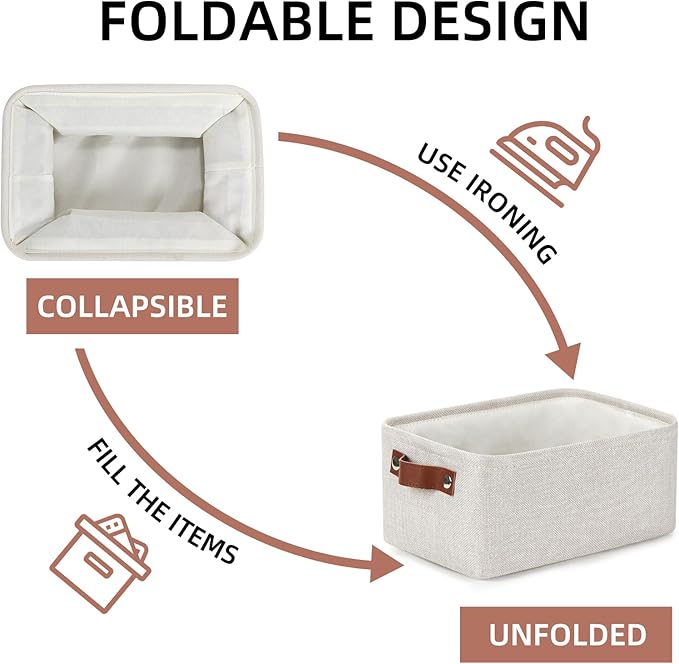 DULLEMELO fabric storage baskets | 11.8x7.9x5.1 inch small baskets for organizing Closet Set of 2 cloth storage baskets | rectangle storage basket with PU Handles (Beige)