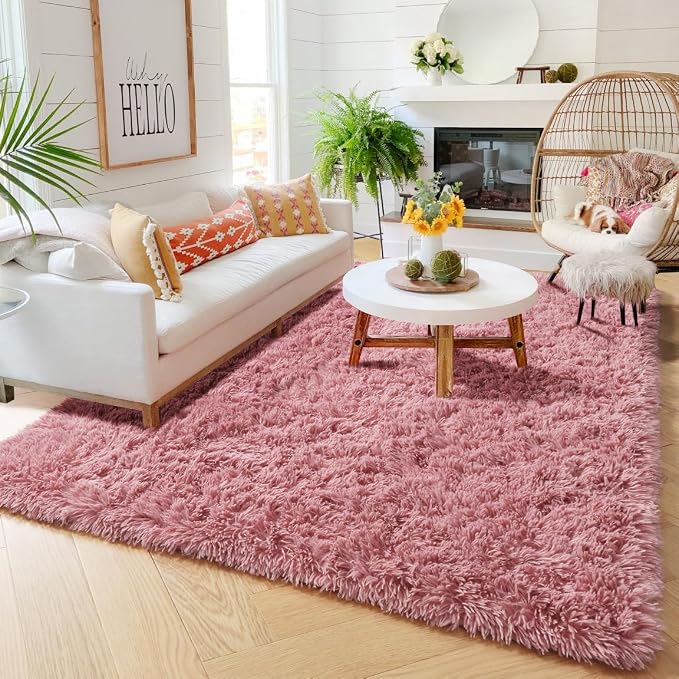 Amdrebio Blush Pink Area Rugs for Living Room Girls Bedroom, 6x9 Kawaii Shaggy - Image 3