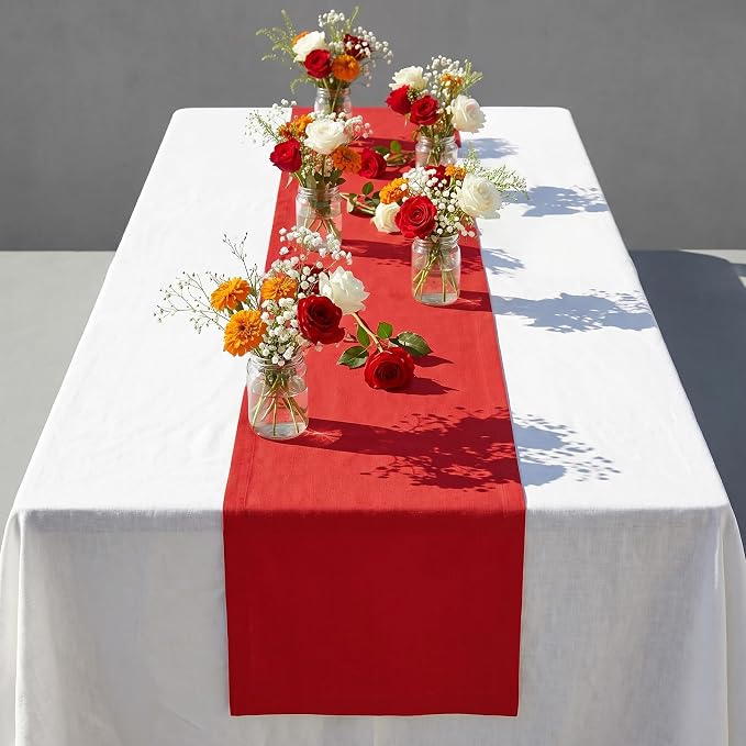 Solino Home 100% Pure Linen Table Runner Red, Fete 14 x 132 Inch Longch | Table - Image 2
