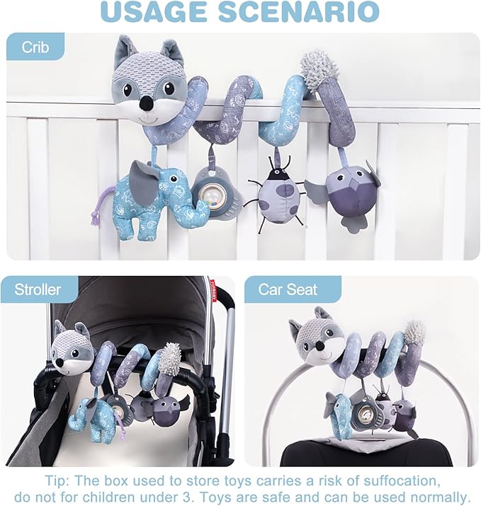 Jollybaby Baby Car Seat Stroller Toys, Plush Activity Hanging Spiral Activity Pram Crib with Music Box, Rattles, Squeaker for Babies Infant Boys Girls(Grey Fox)