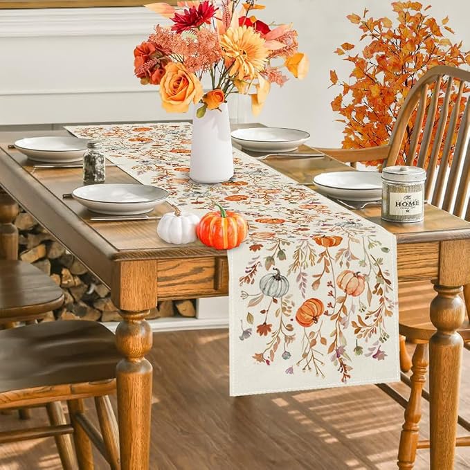 RABUSOFA Orange Pumpkins Floral Fall Table Runner, Seasonal Autumn Kitchen - Image 3