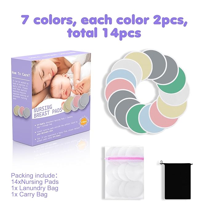 14 PCS Reusable Breast Pads for Breastfeeding – Washable Nursing Pads, Reusable Nursing Pads with Wash & Carry Bags, 4.7 Inch