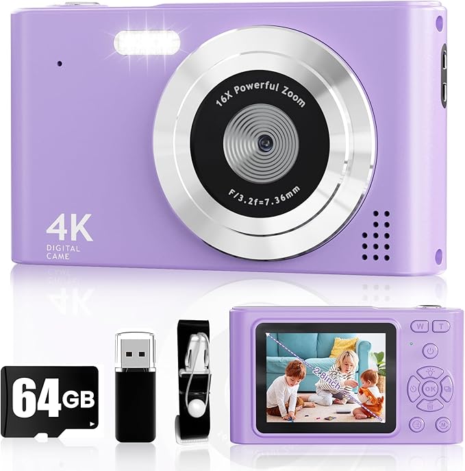 Digital Camera, 44MP Full HD 1080P Point and Shoot Camera with 64GB Card, Anti Shake 16X Zoom Compact Volg Cameras, Portable Small Digicam Gift for Kids, Ages Teen Girl Boy - Purple