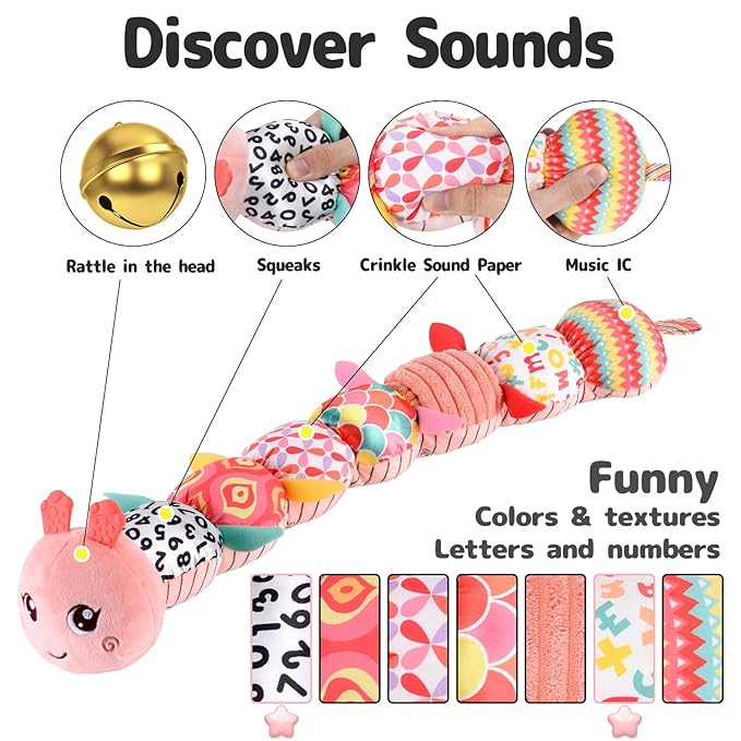 Infant Baby Musical Stuffed Animal Activity Soft Toys with Multi-Sensory Crinkle, Rattle and Textures for 0-3-6-12 Months Developmental Toys, Caterpillar, Pink