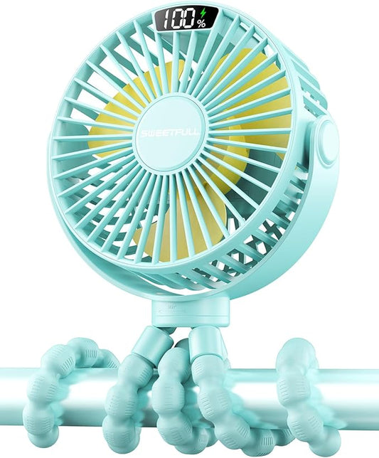 SWEETFULL Portable Stroller Fan with Display 4000mAh Battery Powered Mini Clip On Fan, 4-Speed Rechargeable Small Personal Cooling for Baby Car Seat Crib Travel - Cyan