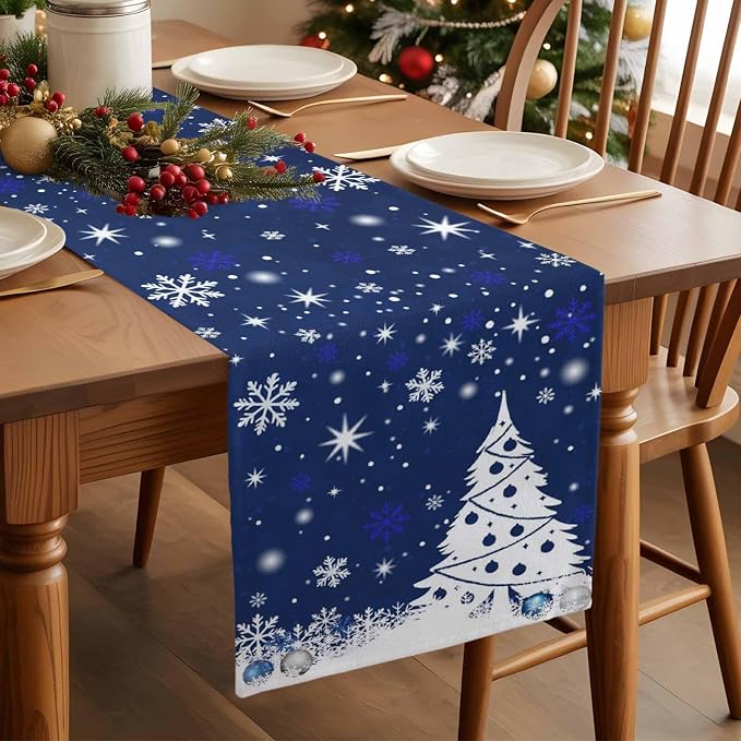 Navy Blue Christmas Tree Table Runner 70 Inches Long, Xmas Balls Snowflake - Image 3