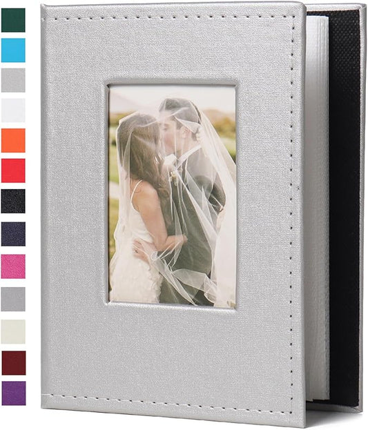 RECUTMS Photo Album 4x6 Photos - 52 Photos Small Mini Capacity Premium Leather Cover, Photo Album for Family Wedding Anniversary Vacation Traveling (Silver)