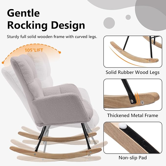 NIOIIKIT Nursery Rocking Chair Velvet Upholstered Glider Rocker Rocking Accent Chair Padded Seat with High Backrest Armchair Comfy Side Chair for Living Room Bedroom Offices (Light Gray)