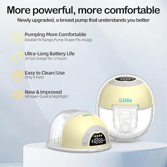 Ellie Wearable Hands Free Breast Pump, Portable Breastfeeding Pump w/Soft Double-Sealed Flange, Anti-Backflow & Leakproof Design, Ultra-Slim and Quiet, 4 Modes 9 Levels, Smart Nightlight, 2 Pack