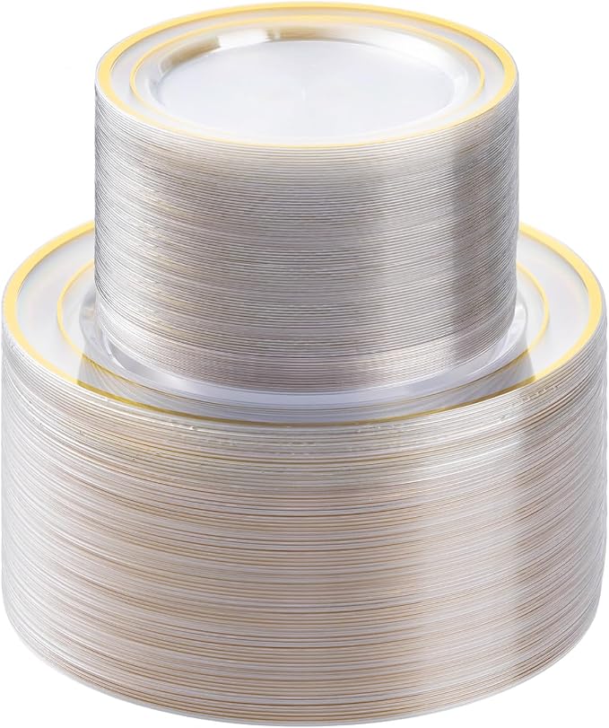 BESTSTAR 200PCS Clear Gold Plastic Plates Set | 100 10.25 inch Dinner Plates by BESTSTAR