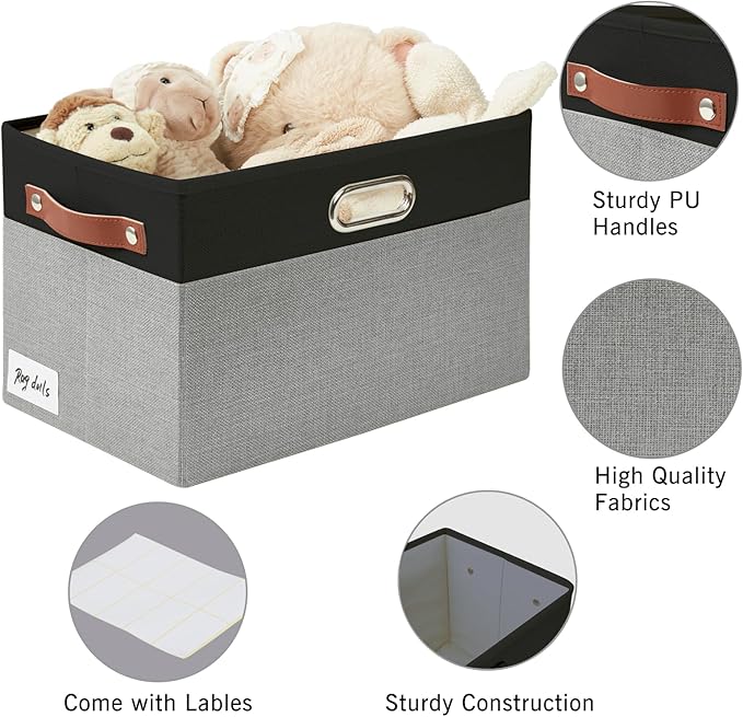 Large Collapsible Fabric Storage Bins with 3 Handles, Foldable Organizer Baskets for Closet, Shelves, Living Room | 3 Pack, Durable PU & Metal Handles (14.9"x9.8"x9.8", Black & Gray)