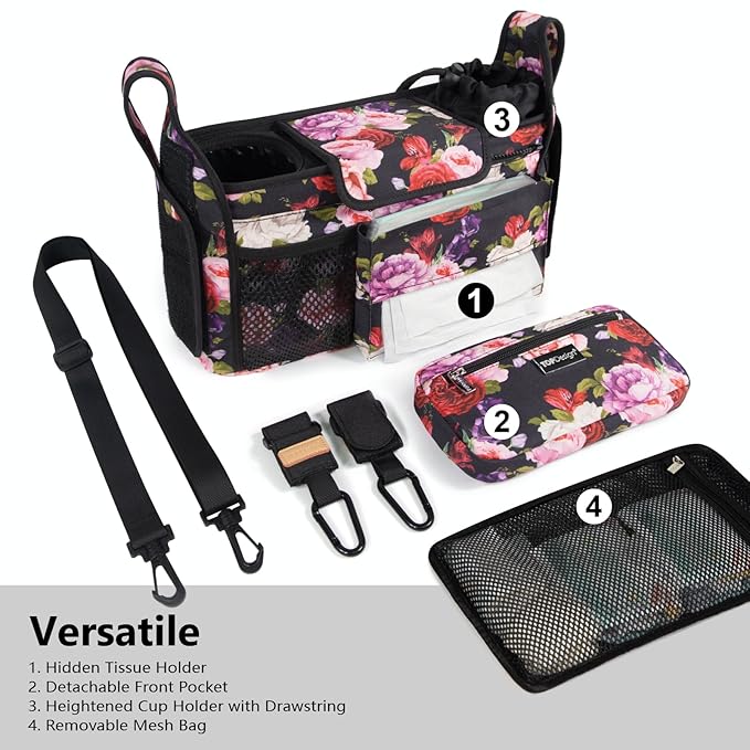 TOPDesign Universal Baby Stroller Organizer, Stroller Caddy with Detachable Mesh Bag & Heightened Insulated Cup Holders & Non-Slip Secure Hooks Accessories, Fits Most Strollers (Ranunculus)
