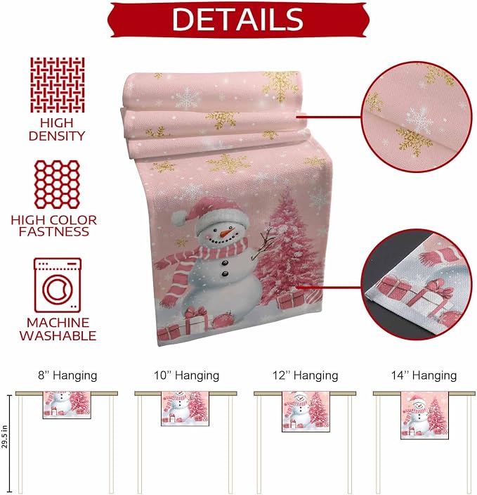 Pink Christmas Snowman Short Table Runners 36 Inches, Cotton Linen Fabric - Image 8