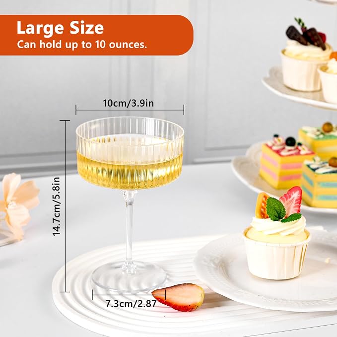 ZOMUIA Ribbed Coupe Glasses 16 Pcs, 10 oz Plastic Champagne Coupe Detachable - Image 2