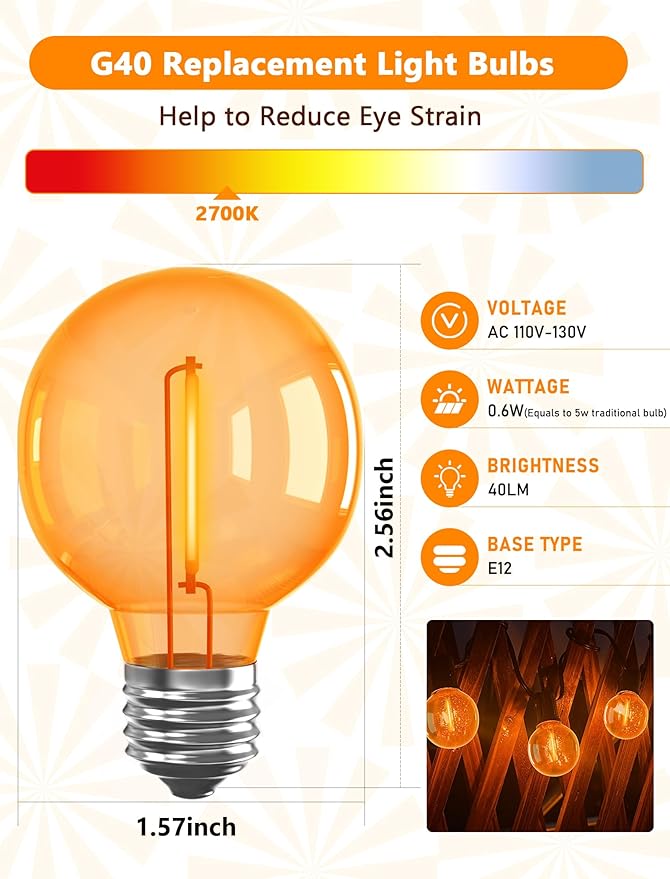 Halloween Orange String Lights, 25Ft G40 Outdoor Halloween Decorations Lights with 27 LED Shatterproof Orange Globe Bulbs, Hanging Patio Lights for Christmas Backyard Holiday Fall Party Garden Decor