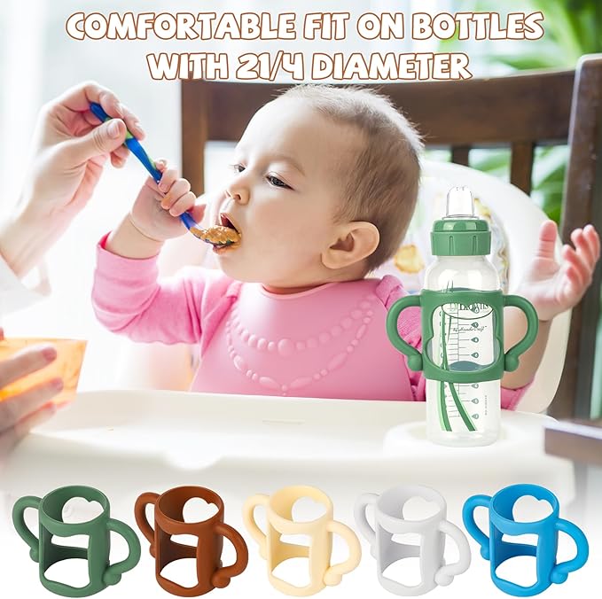 Bottle Handles for Dr. Brown's Narrow Baby, Wide-Neck, Removable Easy-Grip Transitional Sippy Cup Handles, 100% Silicone-BPA-Free Material, 4m+ (White, Green, Blue)
