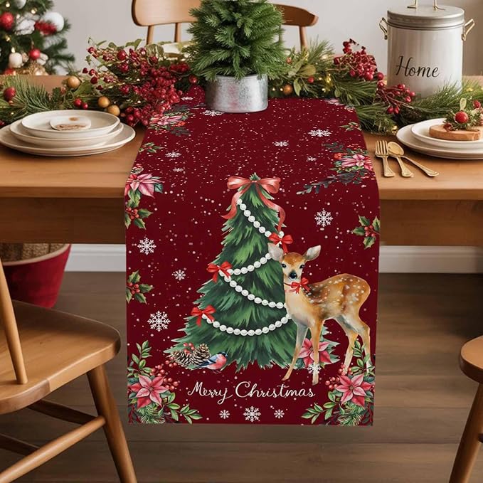 Christmas Reindeer Table Runners 108 Inches Long, Cotton Linen Fabric Red Table - Image 5