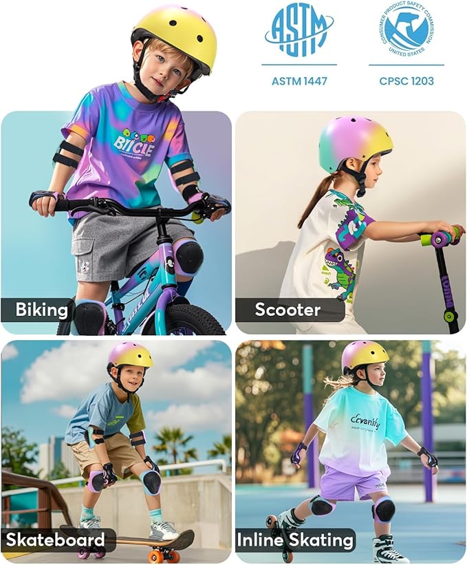 Kids Bike Helmet and Pads Set for Ages 2–14, CPSC Certified Adjustable Helmet with Knee Elbow Wrist Guards, for Skateboard, Scooter, Skating, Rollerblading, Multi-Sport Protective Gear