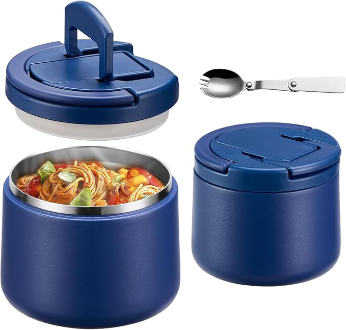 14oz Insulated Vacuum Food Jar with Buckle Lid,Soup Thermo for Hot Food Kids,Wide Mouth Leakproof Stainless Steel Lunch Container with Spoon-Blue