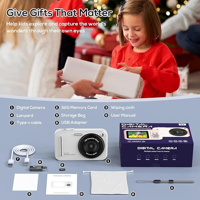 Digital Camera for Kids, WITYEAH 48MP FHD 1080P Point and Shoot Digital Cameras with 16X Zoom Anti-Shake, Compact Portable Cameras for Photography, for Boys Girls Teens Beginners,White