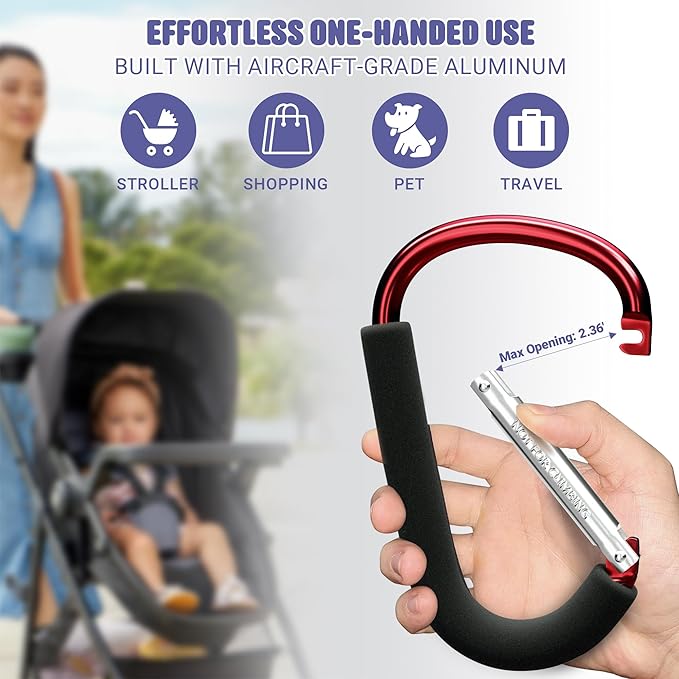 sprookber 6.7 Inch Large Stroller Hooks for Diaper Bags & Purses, Heavy Duty Mommy Hooks for Shopping, Grocery, Backpack – Baby Stroller Accessories, Set of 2 (Red)