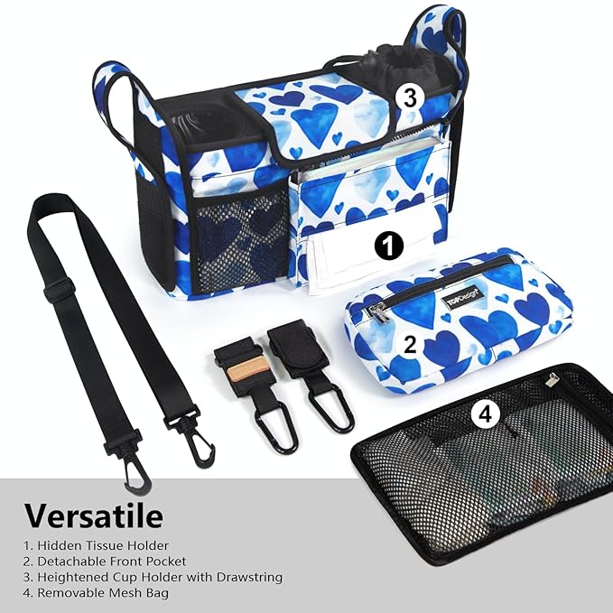 TOPDesign Universal Baby Stroller Organizer, Stroller Caddy with Detachable Mesh Bag & Heightened Insulated Cup Holders & Non-Slip Secure Hooks Accessories, Fits Most Strollers (Love)