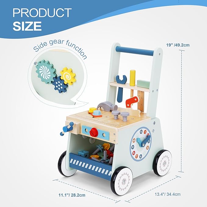 2-in-1 Baby Push Walker - Wooden Push Walker and Tool Toy for Babies - Toddler Learning Activity Walker for Girls Boys 1-3 Years - Educational and Sturdy Construction