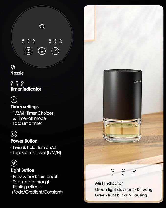 Essential Oil Diffuser Waterless Aromatherapy Diffusers for Home Large Room, Bedroom, Car, Office, Desk, Battery Operated, Small Diffuser for Pure Scent, 100mL Capacity, AN9 (Space Grey)