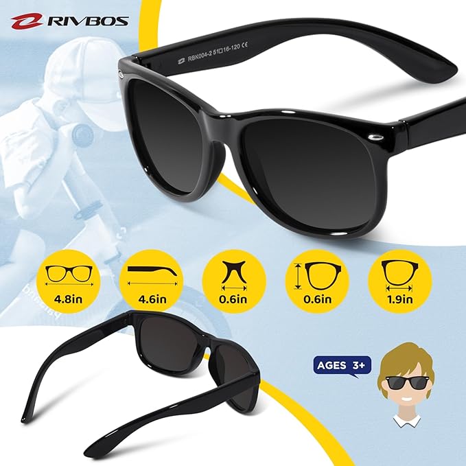 RIVBOS Kids Sunglasses Polarized UV Protection Flexible Rubber Glasses Shades with Strap for Boys Girls RBK004