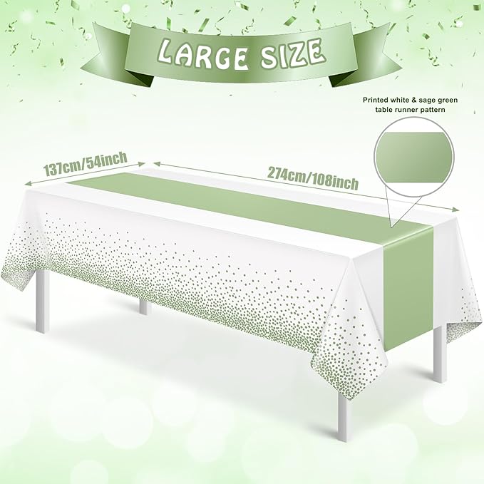 3Pcs White and Sage Green Tablecloth Decorations, Plastic White Table Cloth - Image 2
