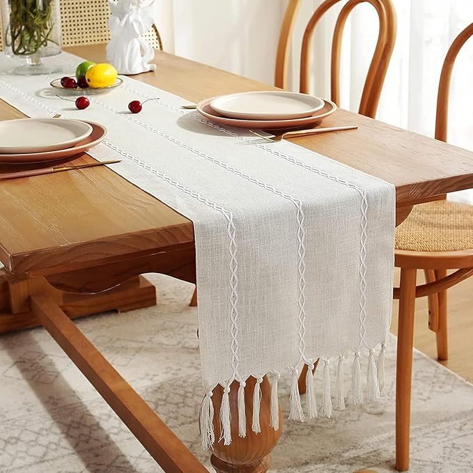 Wracra Rustic Linen Table Runner, Ivory Table Runners 36 inches Long | Raised - Image 6