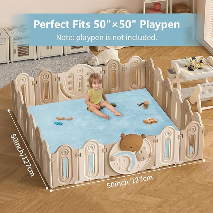 Baby Play Mat for Floor,1.3" Thick Elasti-Foam 50"×50" Playpen Mat for Tummy Time,Water Repellent Soft Coral Velvet for Toddler,Infant,Kids,Non-Slip Backing Safe for Crawling(Light Blue)