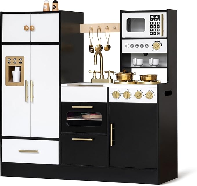 Interactive Wooden Play Kitchen for Kids 3+ Realistic Stove Sounds & Ice Maker Pretend Playset with 12 Kitchen Accessories Montessori Toy