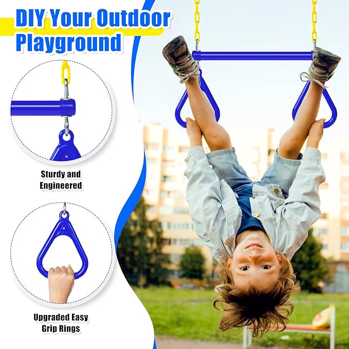 Hungdao 2 Set Gym Ring Trapeze Swing Bar and Climbing Rope with Platforms Disc Heavy Duty Coated Chains Seat Accessories for Outdoor Indoor Playground Backyard(Blue)