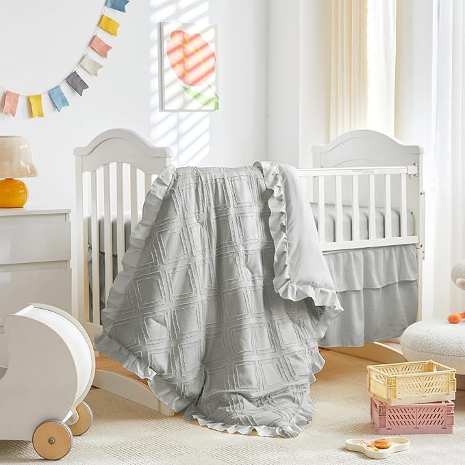 Mini Crib Bedding Set 3 Pieces Baby Boho Quilted Tufted Ruffles Comforter with Fitted Sheet and Ruffled Bed Skirt - Cute Shabby Baby Bedding Fits Mini Crib Only Light Gray