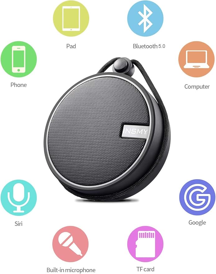 INSMY C12 IPX7 Waterproof Shower Bluetooth Speaker, Portable Small Speaker, Speakers Bluetooth Wireless Loud Clear Sound Support TF Card Suction Cup for Kayak Canoe Beach Gift (Black)