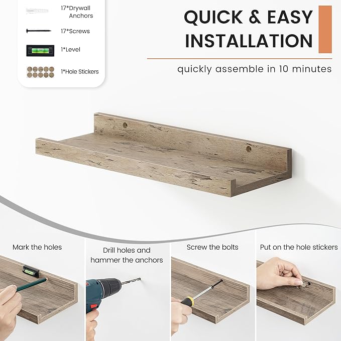 Floating Picture Ledge Shelves for Wall Set of 8, 16 Inch Solid Wood Wall Shelves with Lip Long Large Nursery Book Shelf for Toys Storage Kids Bookshelf Wall Mounted Living Room Bedroom Decor Frames