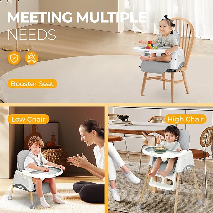 3 in 1 High Chairs for Babies and Toddlers, Convertible High Chair, High Chair with Foot Rest and Double Tray, Easy to Clean, Compact and Versatile, Perfect for Growing Kids, Gray