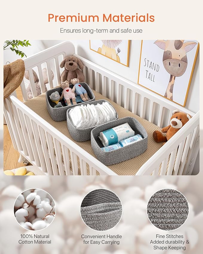 KALLAX Small Woven Basket, 13.5 x 9.5 x 5 Inches, Storage Basket for Organizing, Cute Small Rope Shelf Closet Cube Storage Bins Baskets for Shelves, Dog Toy Gift Baskets Empty, 3 Packs, Mixed Grey
