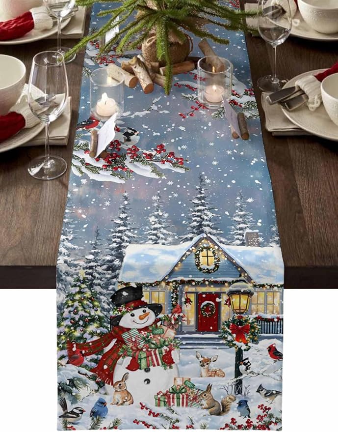 Merry Christmas Table Runner 90 Inches Long, Xmas Trees Snowman Snowflake Table by Unknown