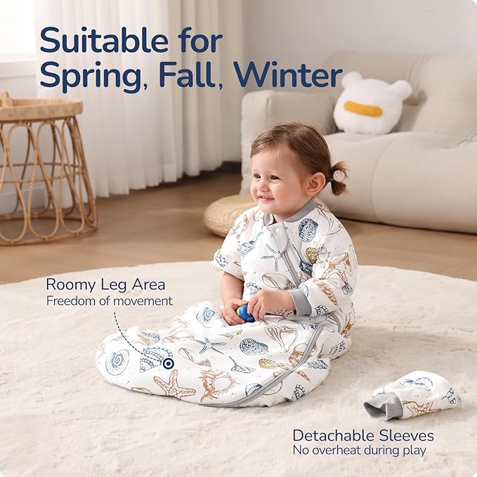 Baby Sleep Sack 3-6 Months, Cotton Detachable Long Sleeve Sleep Sack, 2.5 Tog Toddler Sleeping Sack with Temperature Strips, 2-Way Zipper Wearable Blankets for Newborns, Ocean