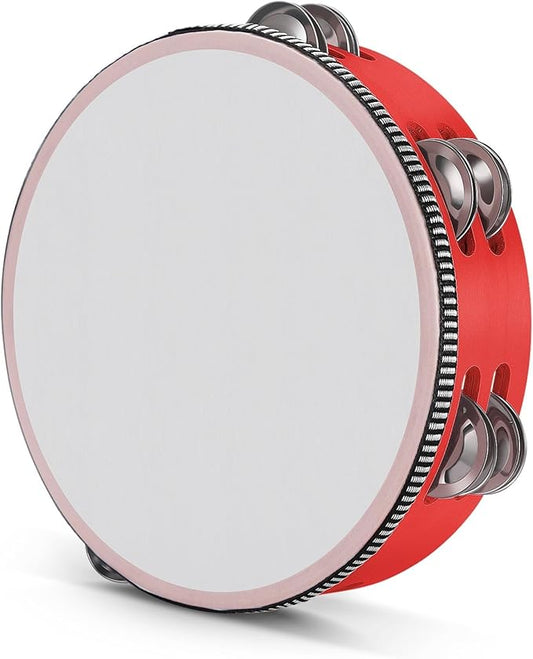 Flexzion Wood Handheld Tambourine Adults 8-Inch Double Row 8-Pair Jingles (Red) - Percussion Round Tamborines Musical Instrument with Metal Zills