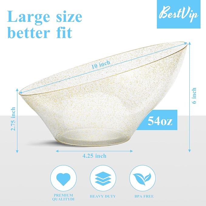 BESTVIP 54 Oz Clear with Gold Glitter Plastic Angled Serving Bowls, 12 Pack | - Image 2
