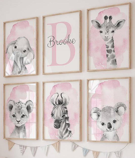 Safari Animals Set of 6 Unframed Poster Prints for Baby Girls Nursery Bedroom Playroom, Personalized Name, Choice of 12 Animals, Pink Purple (12x16)