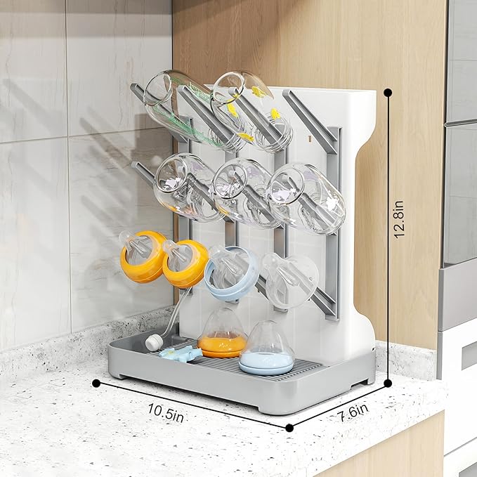 GoMaihe Baby Bottle Drying Rack: Space Saving Vertical Bottle Dryer Holder - Baby Accessories Storage Stand Organize Brushes Pacifiers on Countertop - BPA-Free - Gray