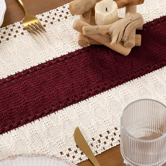 DeZerlor Ivory&Burgundy Boho Macrame Farmhouse Woven Table Runner 72Inch | - Image 6