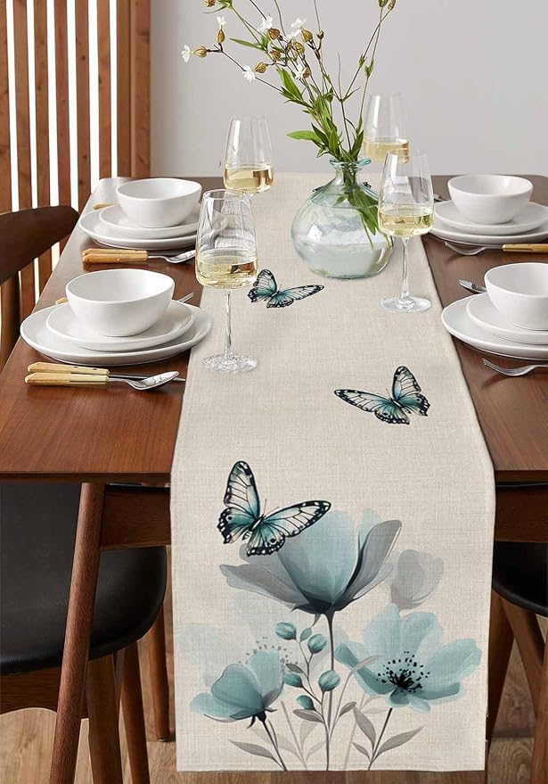 Turquoise Floral Table Runners 48 Inches Long, Spring Flowers Butterfly Table - Image 2