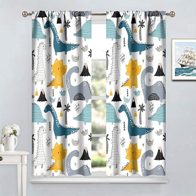 Kids Dinosaur Curtains for Boy Girl Bedroom Decor Cartoon Dino Colorful Cute Funny Wildlife Animal Printed Blackout Rod Pocket Window Drapes for Baby Nursery Playroom Living Room W31.5xL72in 2 Panels